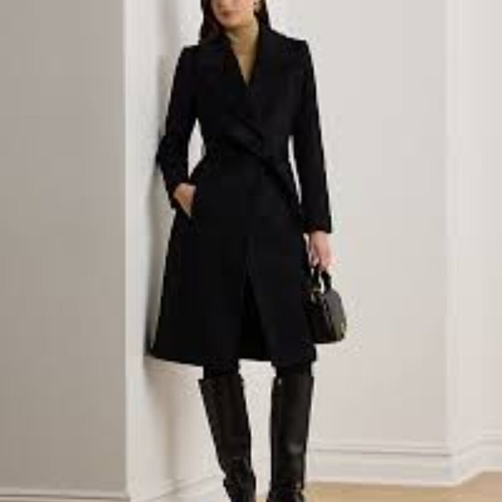 Lauren Ralph Lauren Black Wool Blend Belted Trench Coat Full Length Size 18 - Picture 3 of 16